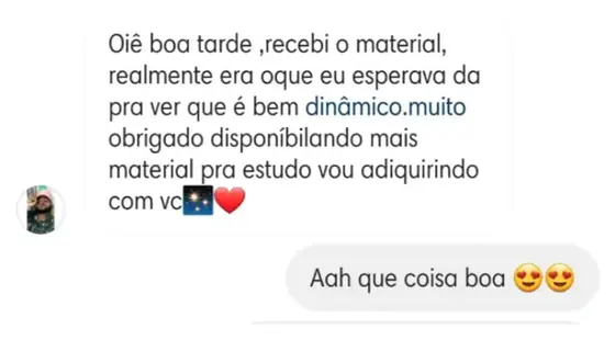 Mensagem de uma cliente sobre o material
