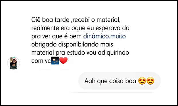 Mensagem de uma cliente sobre o material