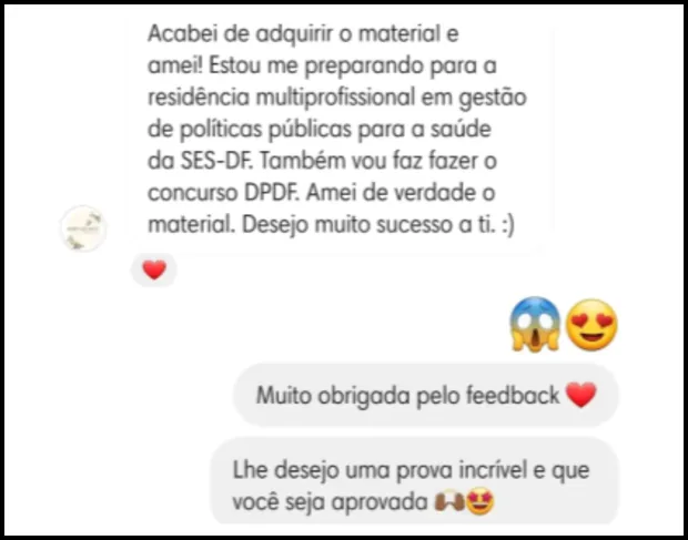 Mensagem de uma cliente sobre o material