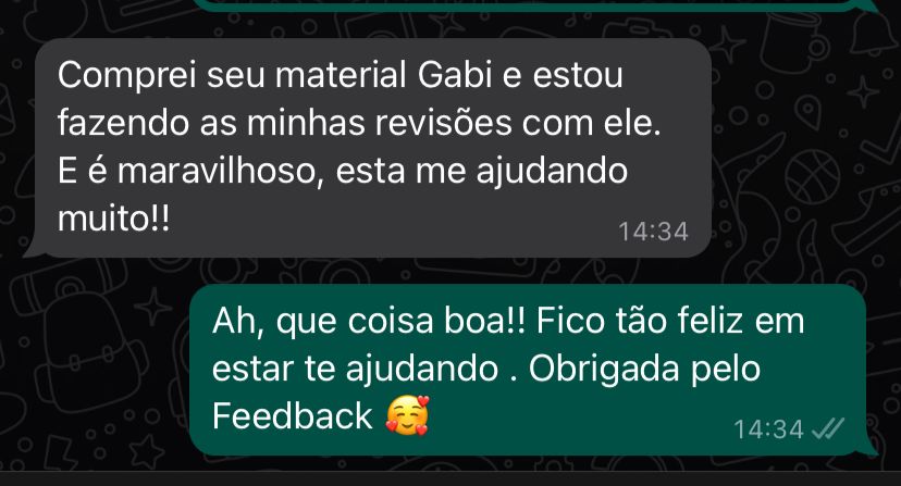 Feedback de aluna pelo WhatsApp sobre o material Gabs Resumos